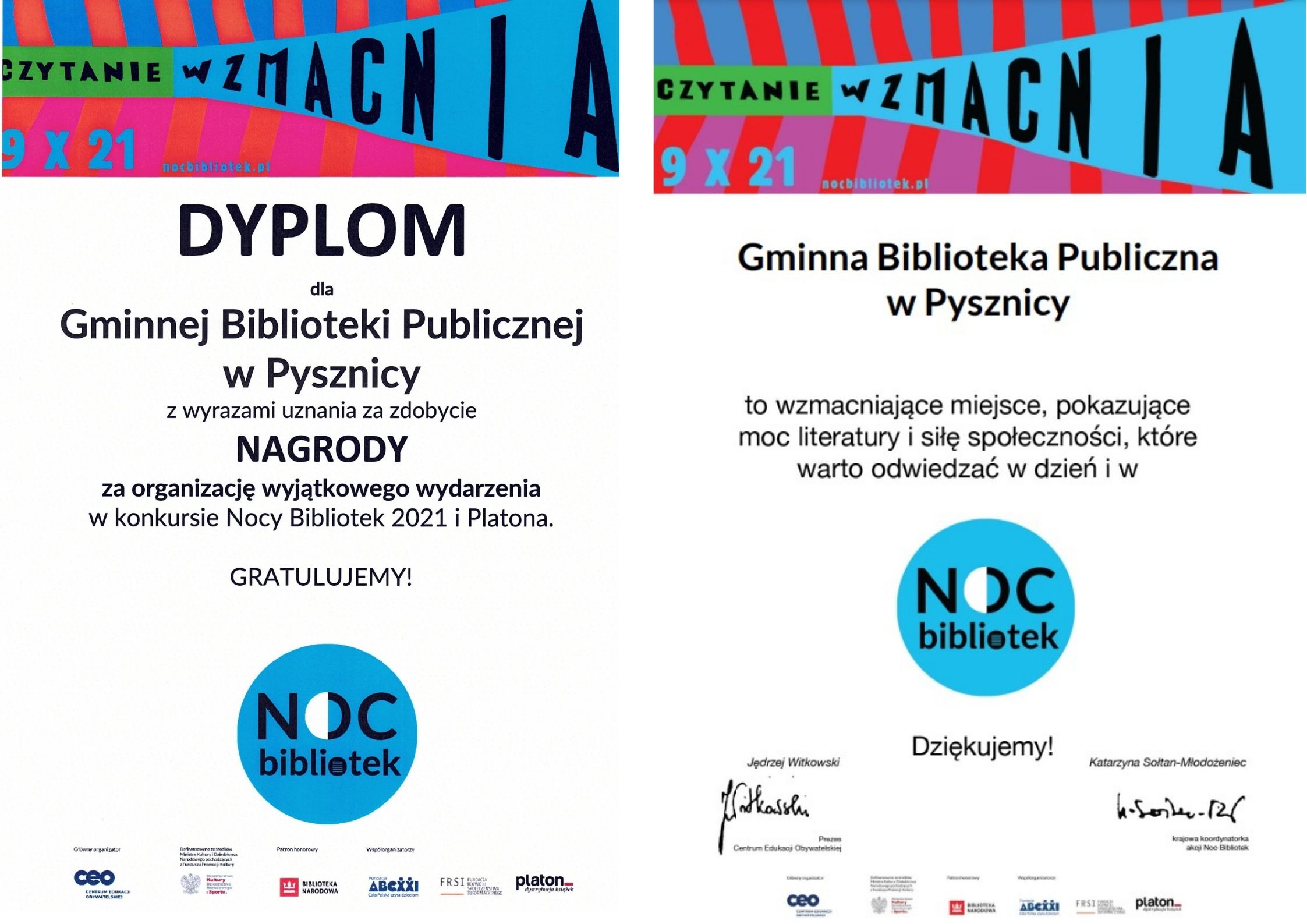 Nagroda w konkursie Nocy Bibliotek 2021 i Platona